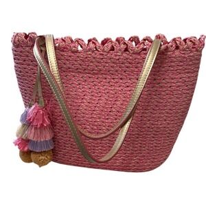 Eric Javitas Squishee Pink Tote Bag Woven Beach Purse Tassels Leather Handles